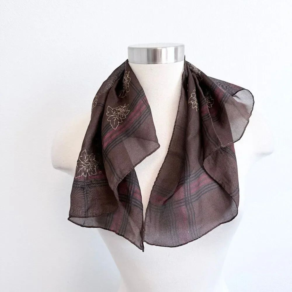 Silk Calvin Klein Brown Leaf Plaid Scarf Square Red Tartan VTG